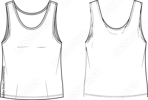 "Technical fashion sketch illustration of sleeveless tank top front and back view with scoop neckline, fitted silhouette, seam lines, darts, and garment construction details"
