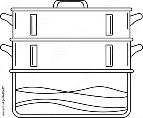 "Line drawing illustration of three tier steamer pot with water base, stackable containers, vents, handles, and lid showing traditional cooking equipment and steaming process"