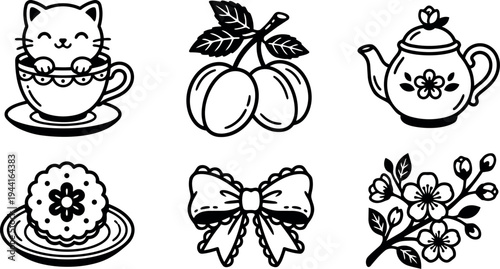 Black and white vector set of cute cat in teacup plum fruit teapot flower cookie bow and cherry blossom branch icons