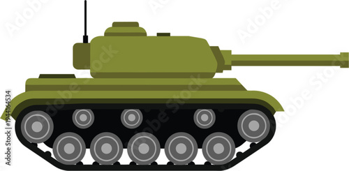 "Olive green military tank side view illustration with long barrel turret, armored combat vehicle tracks, defense technology engineering design for war, army, battlefield equipment concept"