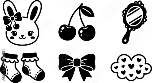 Cute kawaii bunny face cherry fruit hand mirror socks and bow line art collection black and white vector icons set