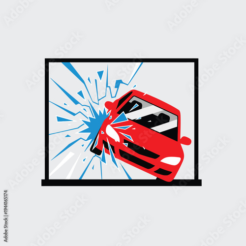 Red car crashing through a broken glass window.