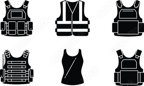 Black and white flat vector icons set of protective safety vests including tactical military body armor bulletproof gear high visibility reflective construction jackets and undershirts
