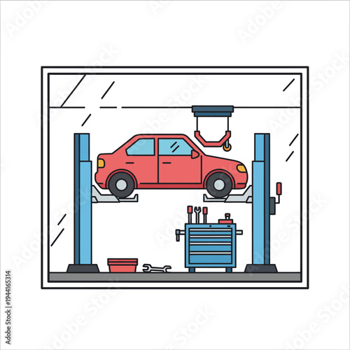 Red Car Lifted on Auto Repair Shop Platform.