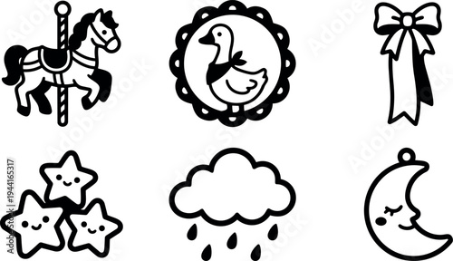 Minimalist black and white vector icons carousel horse duck badge bow stars rain cloud and sleeping moon design