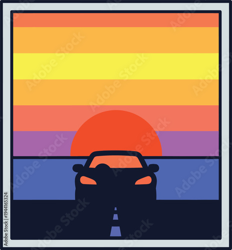 Silhouette of a car driving towards a vibrant sunset.