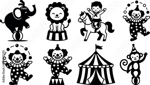 Black and white flat design circus animals jugglers clowns and tent icons set with elephant lion monkey boy riding horse and juggling clown