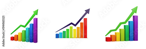 Free Download Set of colorful 3D bar chart graphs with rising arrow symbols isolated on white background - GFXLoad