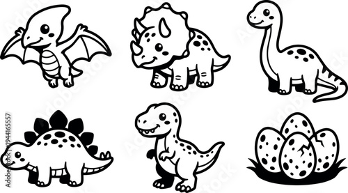 Cute flat design black and white dinosaur vector set including smiling pterodactyl triceratops brachiosaurus stegosaurus tyrannosaurus and dinosaur eggs