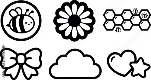 Cute black and white bee and flower icons with bow cloud heart and star simple line art vector set