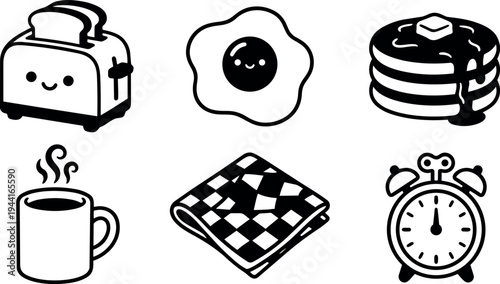 Cute kawaii style smiling toaster fried egg stack of pancakes with butter and syrup steaming coffee cup checkered napkin and alarm clock icons in black and white vector art