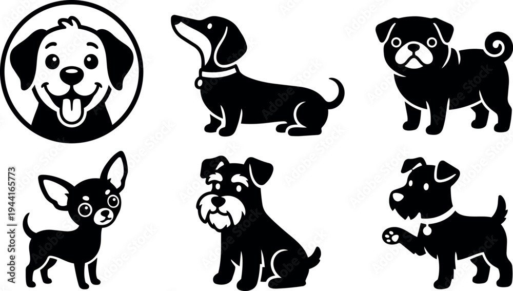 Obraz premium Black and white vector art set of six cute dog breeds icons with playful expressions and different poses isolated on white background