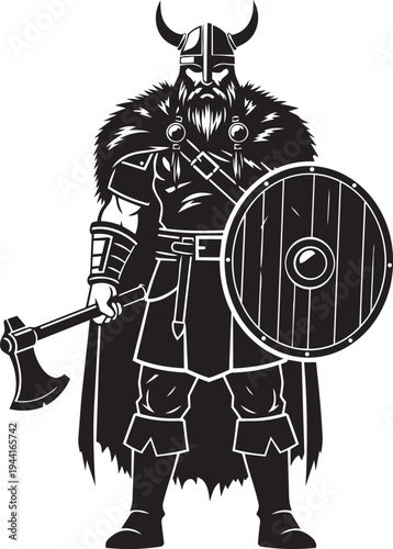 Intrepid Norse warrior illustration, exuding strength and ancient courage, depicted in a powerful stance with a battle axe and traditional shield, embodying historical valor and legendary might