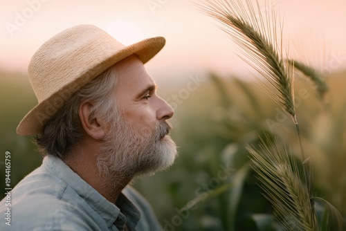 Mature man with beard and straw hat gazing at wheat field during golden sunset. Farmer immersed in nature, agriculture, contemplation, rural life