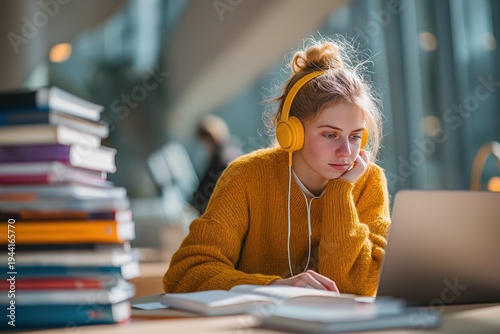 Young woman wearing yellow headphones focused on studying at a desk with a laptop, open book, and stack of books