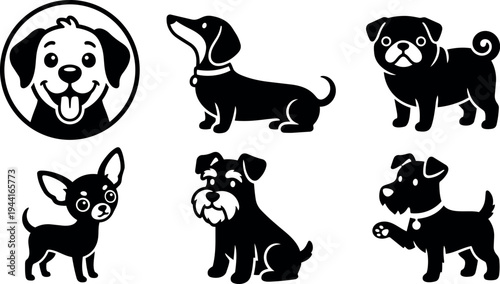 Black and white vector art set of six cute dog breeds icons with playful expressions and different poses isolated on white background