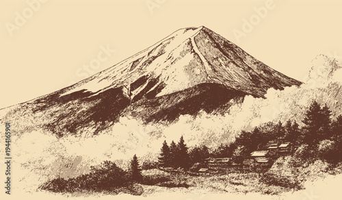 Mount Fuji, Japan illustration in a vintage style. This vector illustration can be used in any size you like for advertising, logos, and other work.