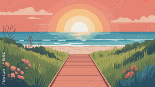 Serene beach pathway at sunset with vibrant pink flowers and lush greenery leading to tranquil ocean waters