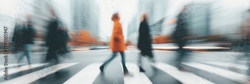 Urban pedestrians crossing street with motion blur effect. Dynamic cityscape scene with moving people on crosswalk, illustrating fast-paced city life and rush