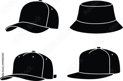 Set of black headwear icons including classic baseball cap, casual bucket hat, adjustable snapback, and sports trucker hat silhouette isolated on white background vector