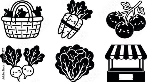 Cute kawaii style fresh vegetables with basket market stall happy faces carrot radish lettuce tomato black and white vector art