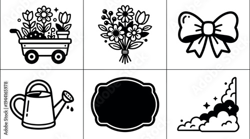 Minimalist flat design garden icons including flower cart watering can bouquet ribbon label and decorative foliage set