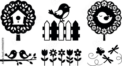 Black and white vector art of birds and birdhouses with floral trees fence flowers butterfly and dragonflies decorative nature silhouettes