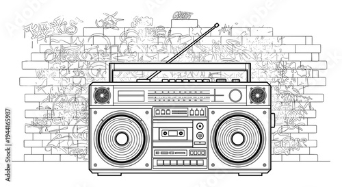 Boombox Graffiti Wall Line Art