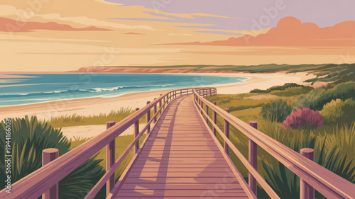 Serene beach boardwalk at sunset with ocean views and lush greenery along the shore