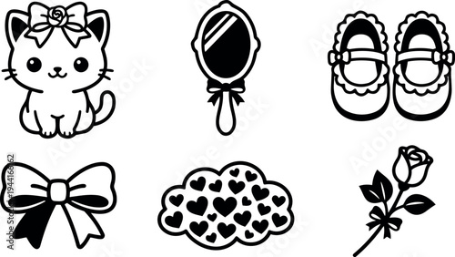 Cute kitten with bow sitting near vintage hand mirror baby shoes decorative bow heart cloud and rose vector line art set