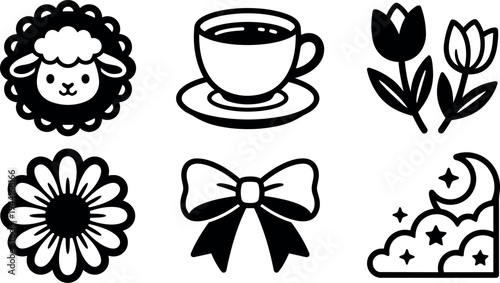 Black and white minimalist vector icons sheep face coffee cup tulips flower bow moon and stars simple graphic design set