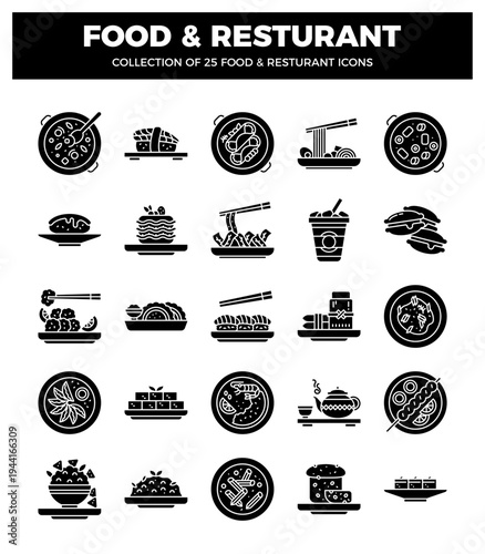 Collection of food and restaurant icons in black and white.