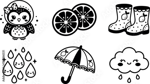 Cute kawaii style owl wearing bow rain drops smiling cloud umbrella and patterned rain boots with citrus fruit slices