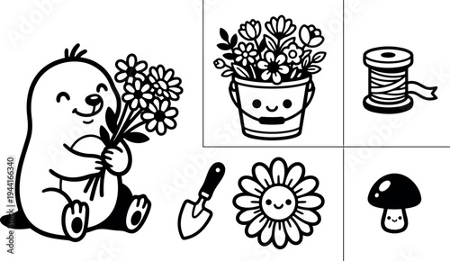 Cute smiling mole holding bouquet of flowers with gardening tools bucket spool and mushroom simple black line art vector set