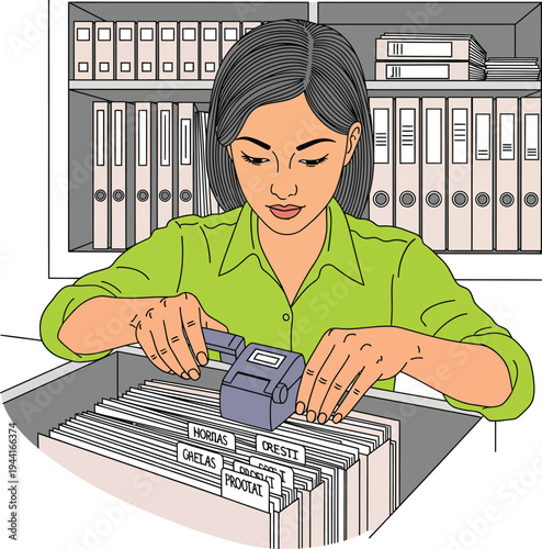 Woman Organizing Files with Label Maker in Office.