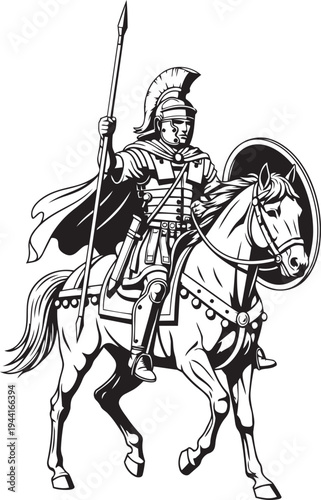 Illustrative Line Art of a Roman Soldier on Horseback in Full Armor, Holding a Spear and Shield, Depicting Ancient Military Might and Cavalry Tactics
