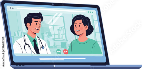 Modern flat vector illustration of a telemedicine video call on a laptop screen, professional doctor consulting a patient online for digital healthcare and remote medical service concept.