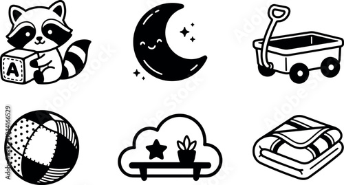 Cute black and white simple vector icons set with smiling raccoon baby alphabet block moon cart ball cloud shelf and folded blanket