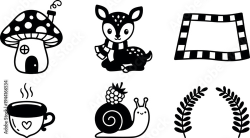 Cute vector icons of mushroom house with chimney deer wearing scarf smiling cup with heart and steam snail carrying fruit fun whimsical black line art design