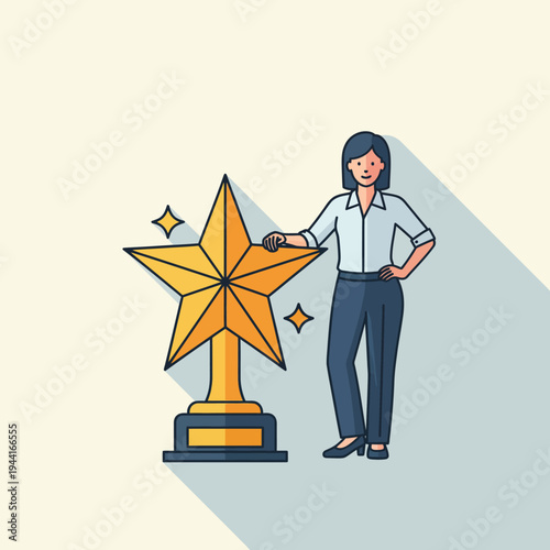 Woman Posing Proudly Next to a Golden Star Trophy.