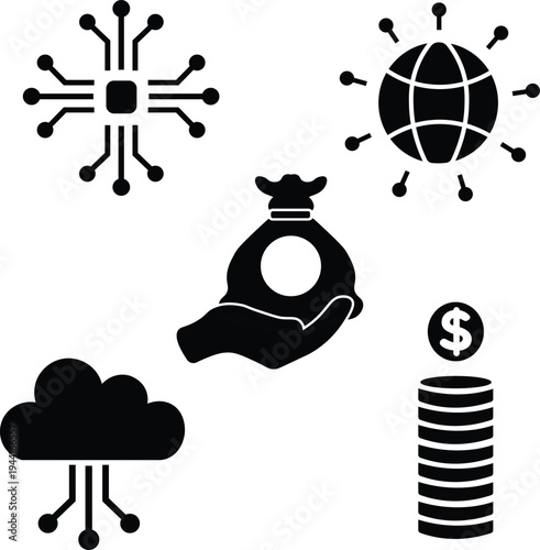 Financial technology digital economy and online payment concept icons black vector silhouettes