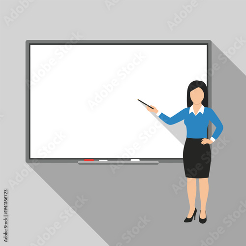 Woman Teacher Presenting at Whiteboard with Pointer Stick.