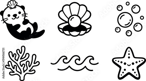 Cute black and white cartoon sea otter holding shell pearls bubbles coral waves starfish vector icons