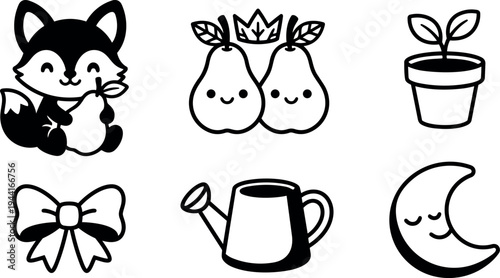 Cute fox holding pear smiling with crowned pears plant pot watering can bow and sleeping crescent moon cartoon vector icons