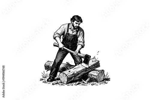 Vintage A woodcutter chops wood. Illustration, Rustic Outdoor Heritage Vector, Hand Drawn Engraving Style, Retro Americana Aesthetic, Black and White Linocut Graphic for Branding and Apparel Design