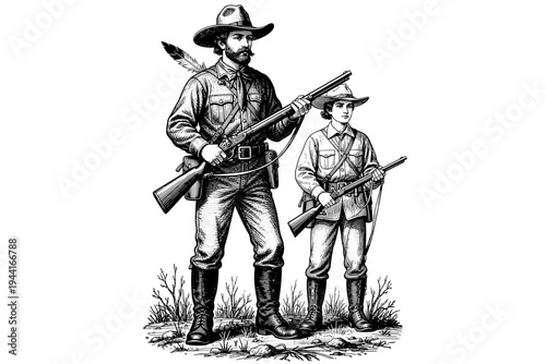 Vintage hunters Illustration, Rustic Outdoor Heritage Vector, Hand Drawn Engraving Style, Retro Americana Aesthetic, Black and White Linocut Graphic for Branding and Apparel Design