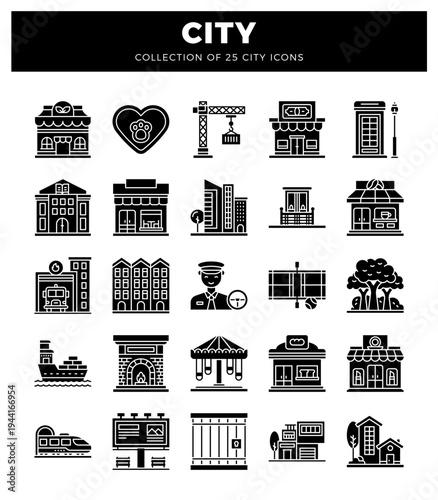 City icons collection with diverse urban elements.