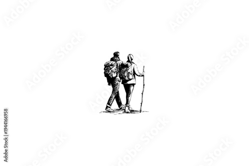 silhouette of a couple walking in hike Vintage Illustration vector illustration, black and white isolated 