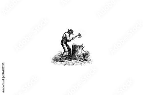 A man chops wood, Vintage Camping Illustration, Rustic Outdoor Heritage Vector, Engraving Style, Retro Americana Aesthetic, Black and White 