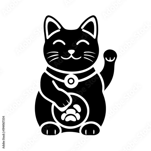 Black fortune cat icon illustrates traditional Japanese symbol for good luck and prosperity. This charming fortune cat silhouette features a friendly waving paw, embodying wealth and success.
